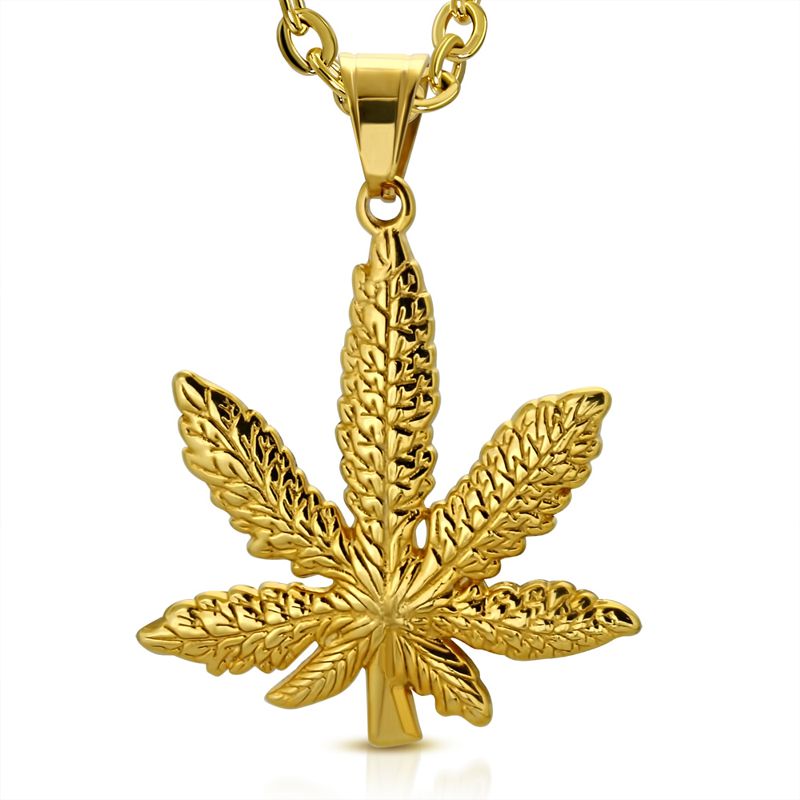 Gold Plated Steel Pendant - Cannabis Marijuana Leaf - Click Image to Close